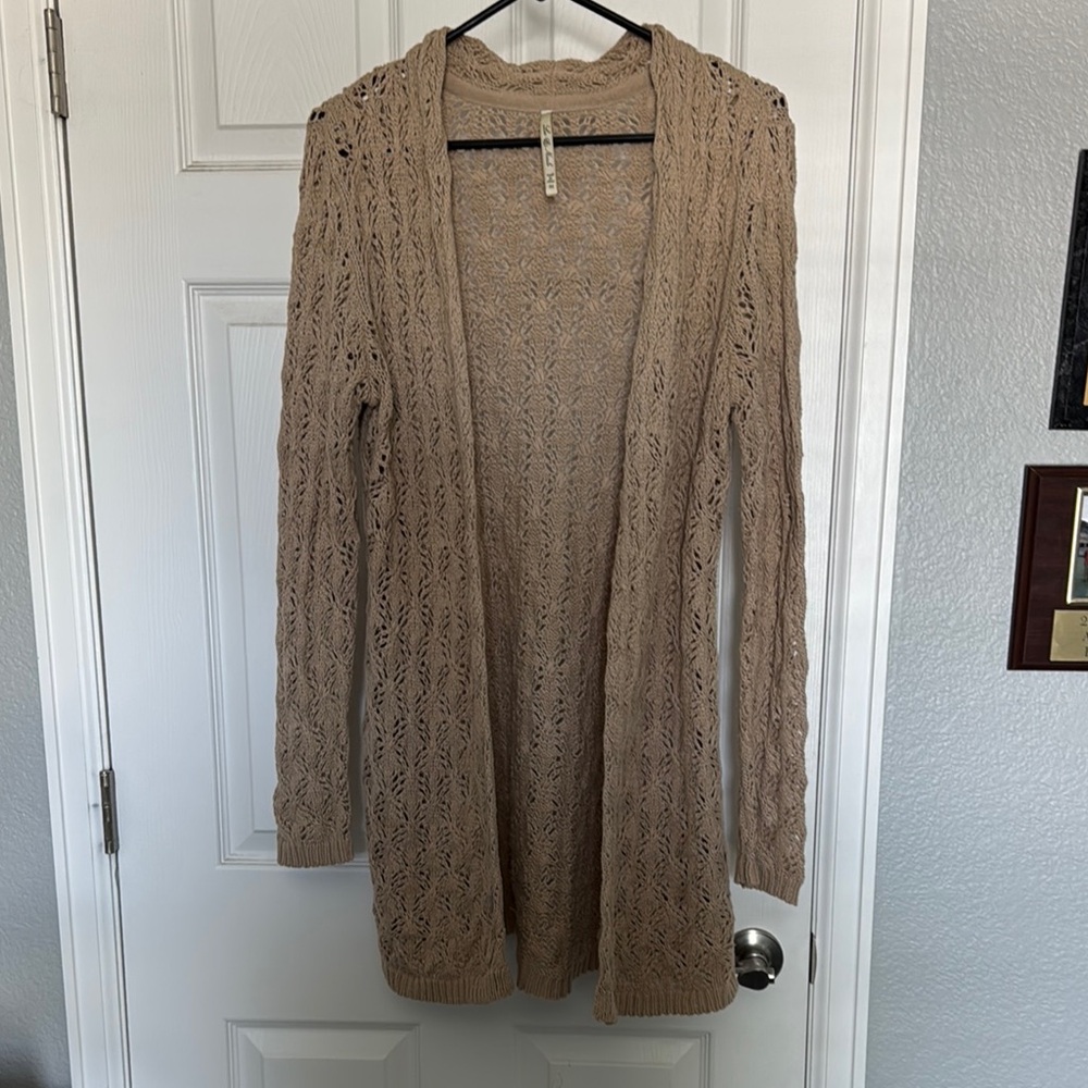 Tan Open-Front Long Cardigan Sweater